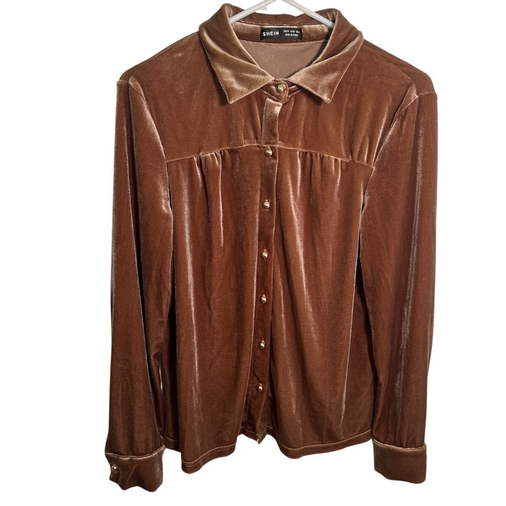 Shein Women's Sz 6 Button Down Crushed Velvet Blouse Tan Light Brown Long Sleeve